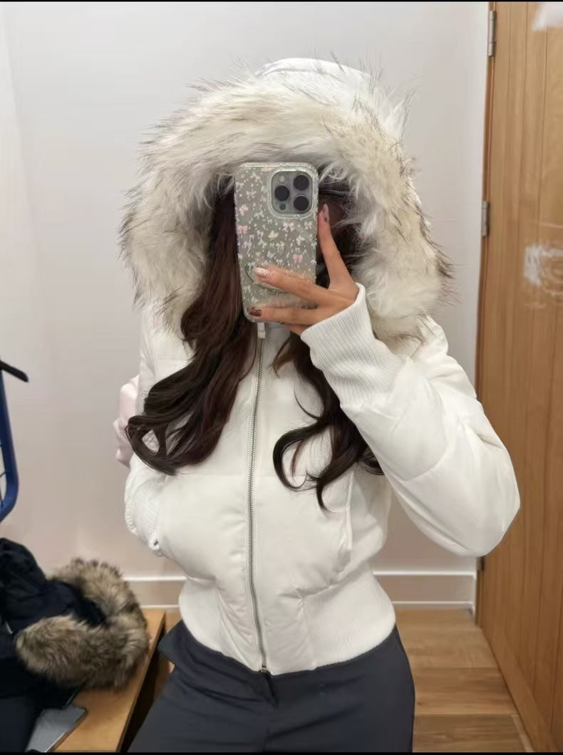 Women's 90% White Duck Down Short Puffer Jacket with Faux Fur Collar, Hood & Waist Cinch