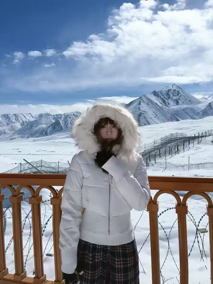 Women's 90% White Duck Down Short Puffer Jacket with Faux Fur Collar, Hood & Waist Cinch