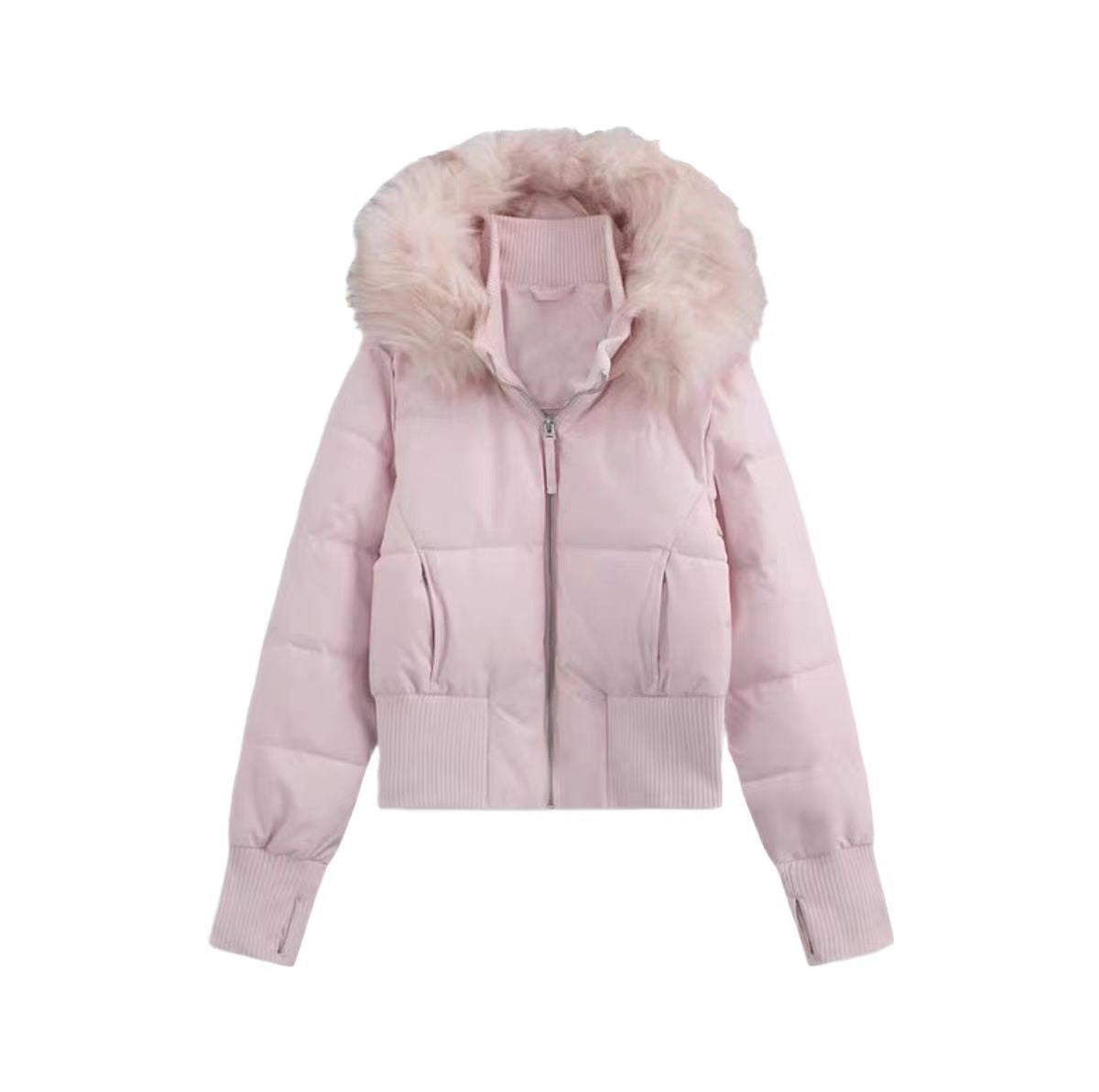 Women's 90% White Duck Down Short Puffer Jacket with Faux Fur Collar, Hood & Waist Cinch