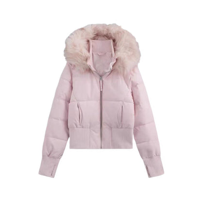 Women's 90% White Duck Down Short Puffer Jacket with Faux Fur Collar, Hood & Waist Cinch