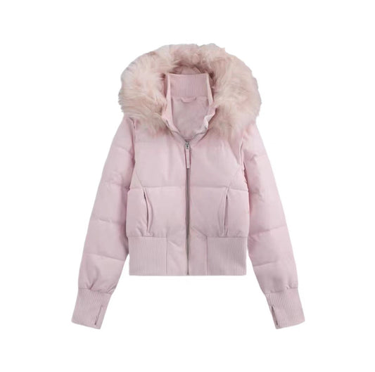 Women's 90% White Duck Down Short Puffer Jacket with Faux Fur Collar, Hood & Waist Cinch