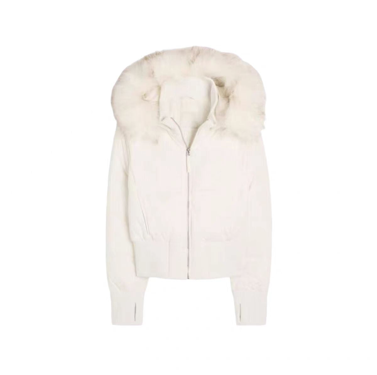 Women's 90% White Duck Down Short Puffer Jacket with Faux Fur Collar, Hood & Waist Cinch