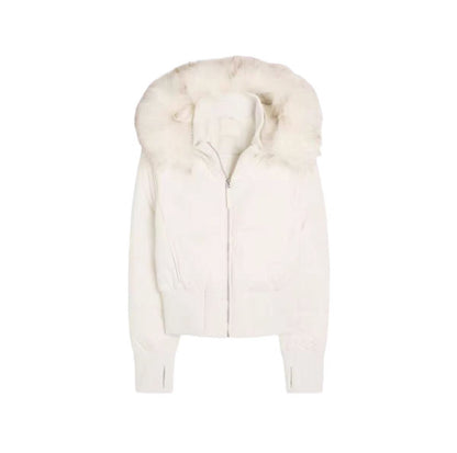 Women's 90% White Duck Down Short Puffer Jacket with Faux Fur Collar, Hood & Waist Cinch