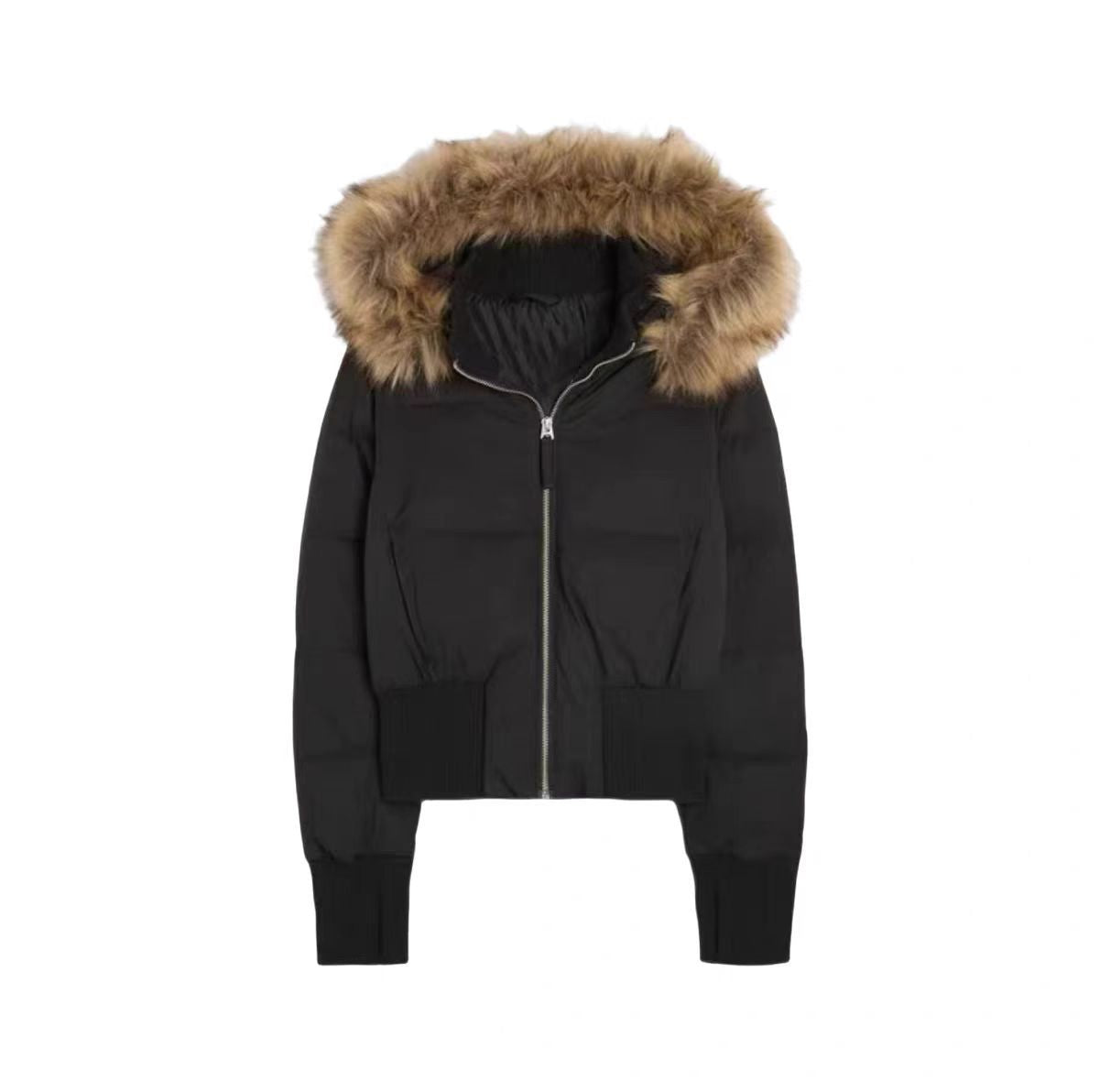 Women's 90% White Duck Down Short Puffer Jacket with Faux Fur Collar, Hood & Waist Cinch