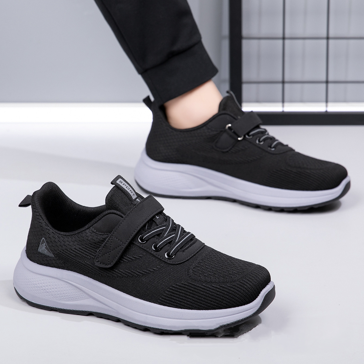 Men's Soft-Soled Mesh Sneakers with Hook-and-Loop Closure