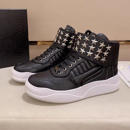 Men’s Heavy-Duty Metal Star Leather Sneakers