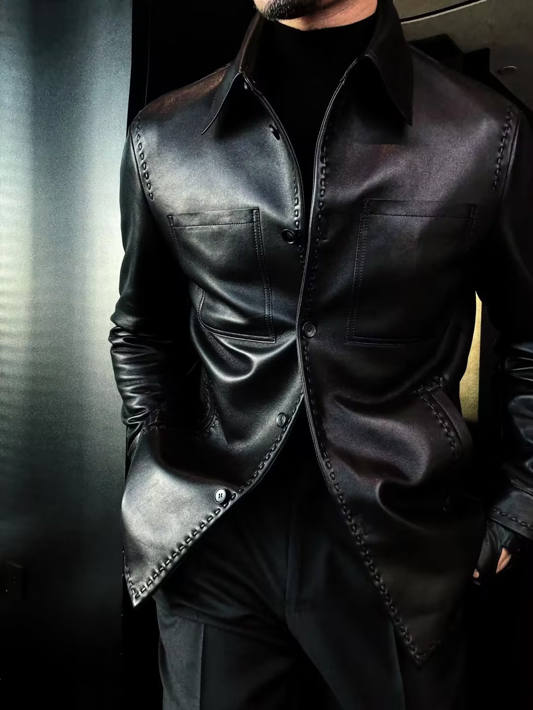 Men’s Leather Jacket with Woven Edge Detailing