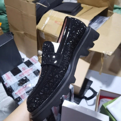 Men’s Light Luxury Leather Shoes with Heat-Applied Rhinestones