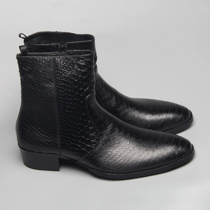 Pointed-Toe Genuine Leather Snake Print Martin Boots