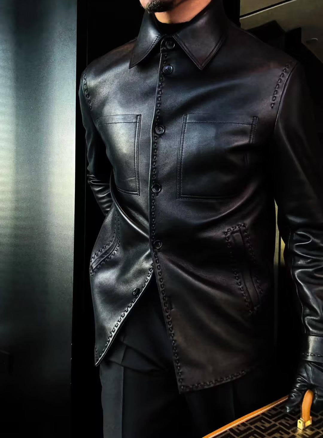 Men’s Leather Jacket with Woven Edge Detailing