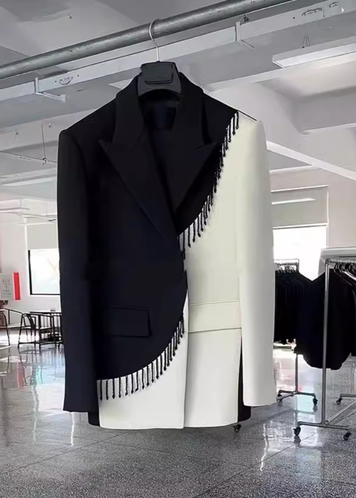 French-Style Designer-Inspired Color-Block Fringe Blazer