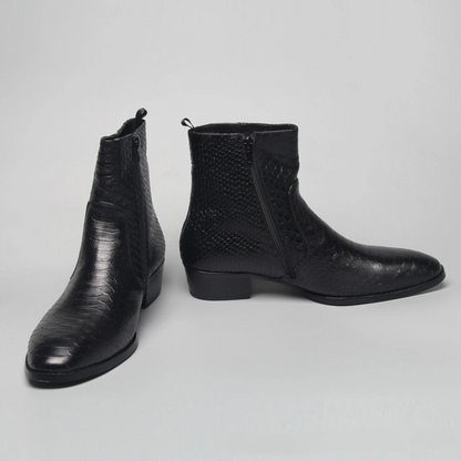 Pointed-Toe Genuine Leather Snake Print Martin Boots