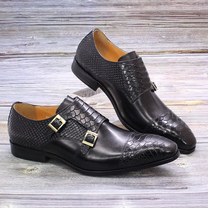 Men's spliced metal buckle leather shoes
