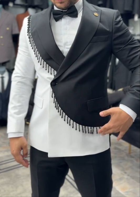 French-Style Designer-Inspired Color-Block Fringe Blazer