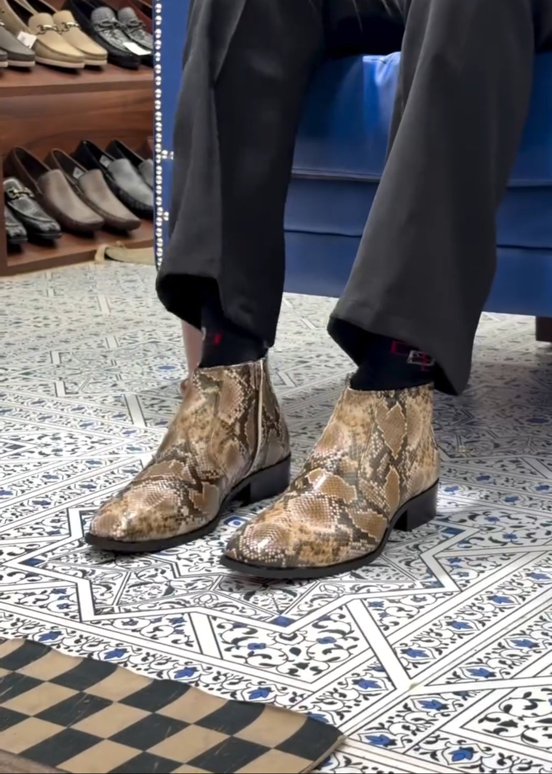 Men's Snake-Print Red-Sole Ankle Boots