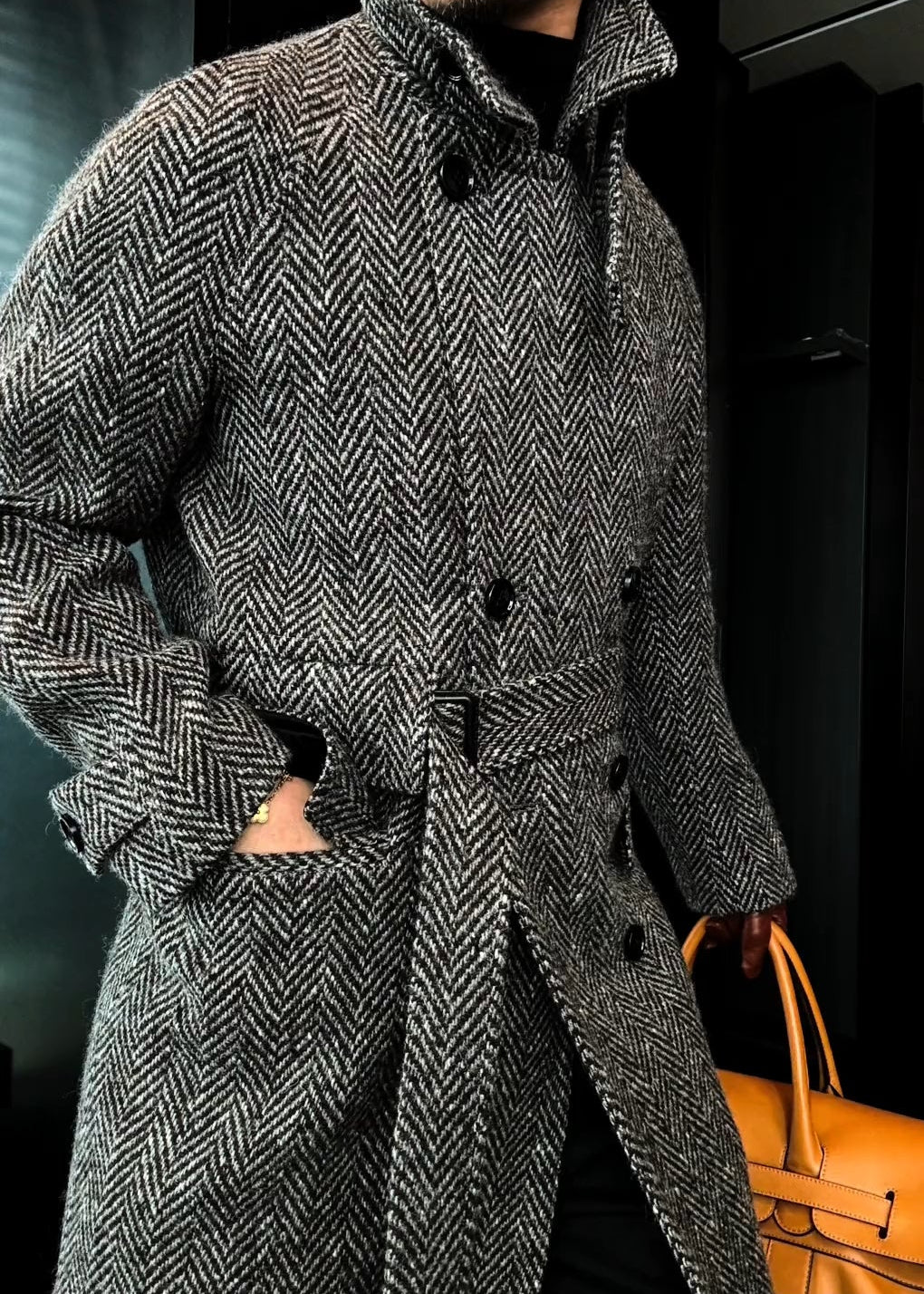 Men’s Mid-Length Wool Plaid Double-Breasted Quilted Coat for Autumn & Winter