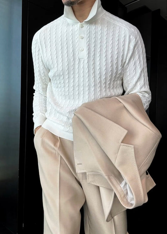 Men’s Lapel Regular-Shoulder Long-Sleeve Polo Knit Shirt