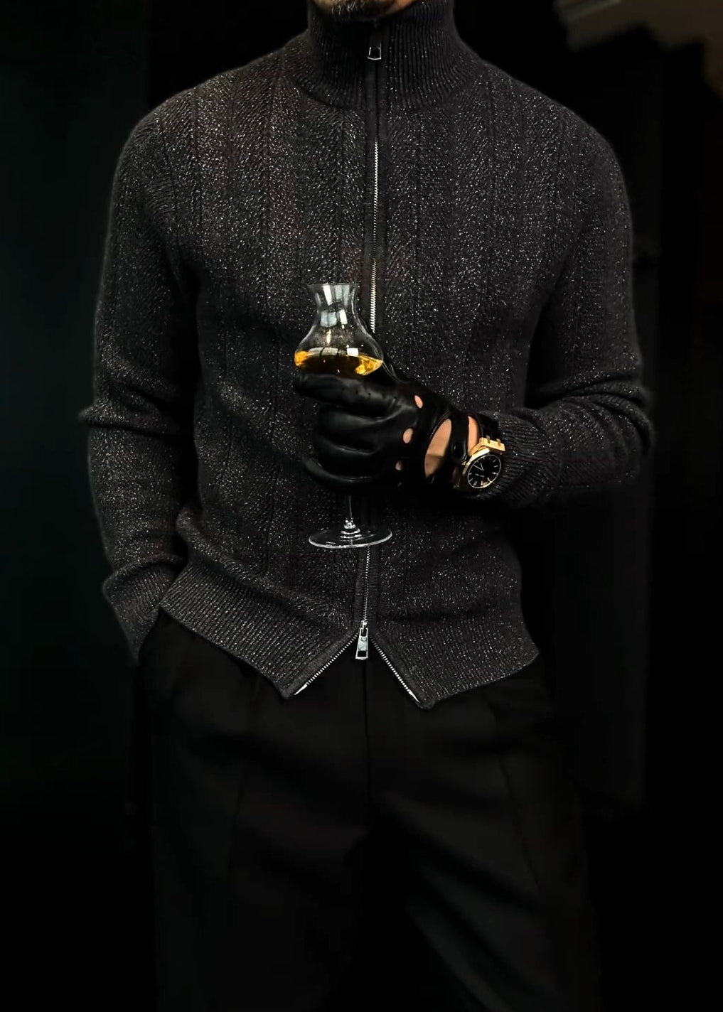 Men's Turtleneck Shimmery Fine-Knit Sweater Jacket