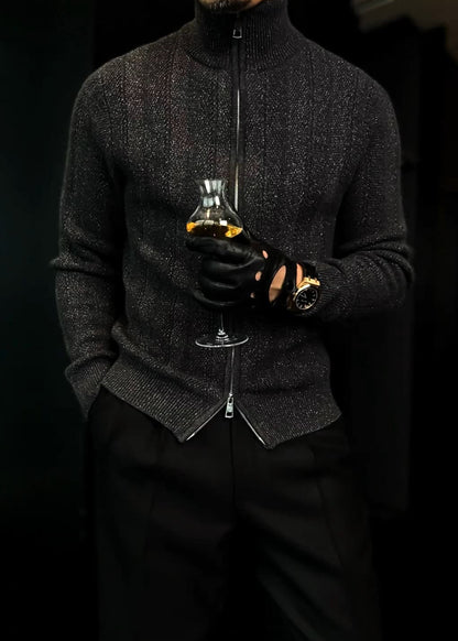 Men's Turtleneck Shimmery Fine-Knit Sweater Jacket