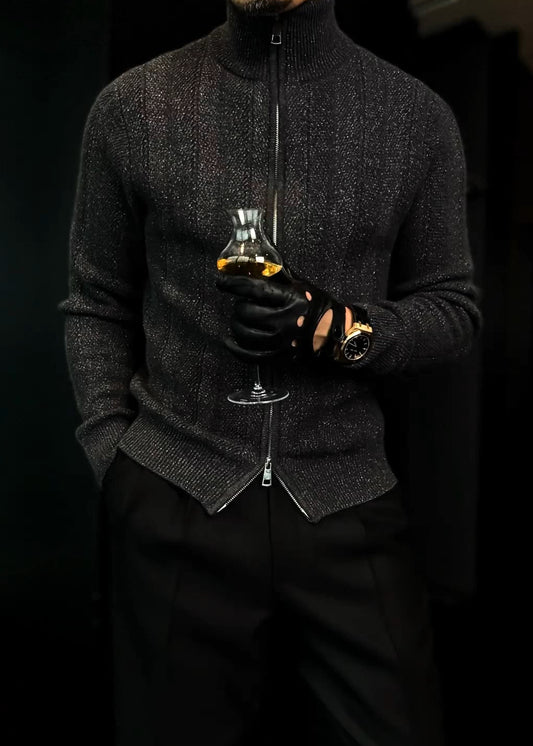 Men's Turtleneck Shimmery Fine-Knit Sweater Jacket