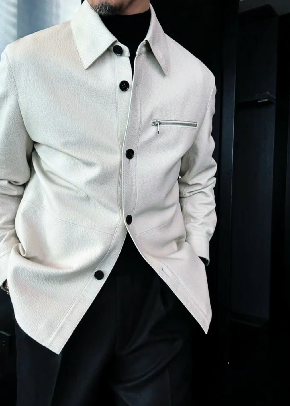 Men’s Zipper-Pocket Premium Lychee-Grain Leather Jacket