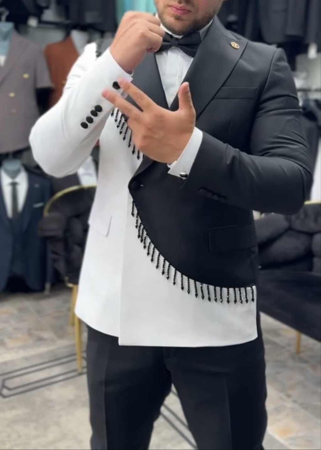 French-Style Designer-Inspired Color-Block Fringe Blazer