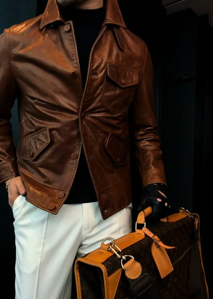 Men’s Textured Stand-Up Collar Three-Pocket Genuine Leather Jacket