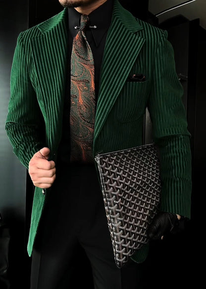 Men’s Moss Green Striped Suede Suit Jacket