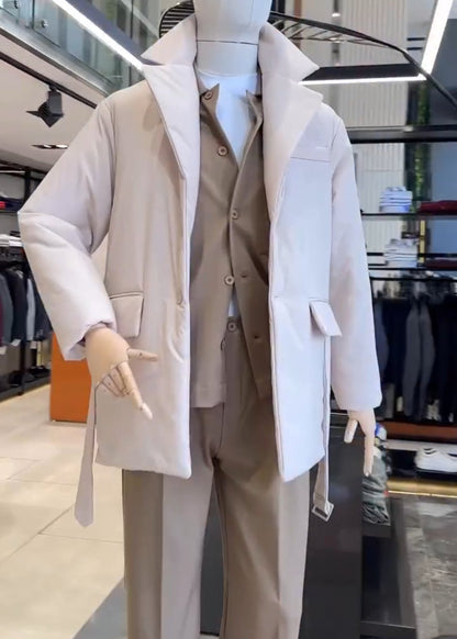 Men's Textured Collared Short Down Jacket with Waist Belt