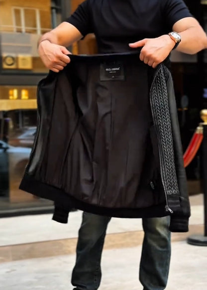 Men’s Warm Leather Jacket with Woven Texture & Color-Block Design