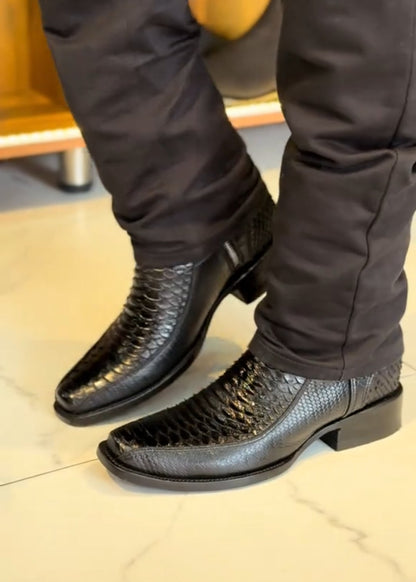 Men's Crocodile-Embossed Square-Toe Snake-Print Mid-Calf Western Cowboy Boots