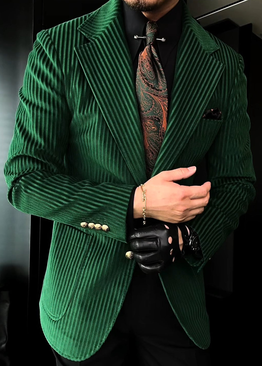 Men’s Moss Green Striped Suede Suit Jacket