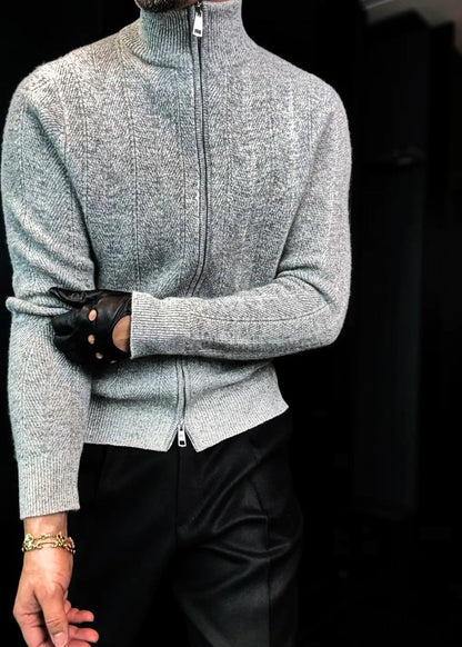 Men's Turtleneck Shimmery Fine-Knit Sweater Jacket