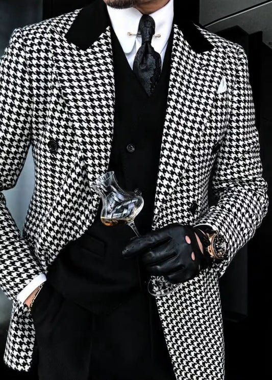 Men’s Houndstooth Suit Jacket with Black Collar