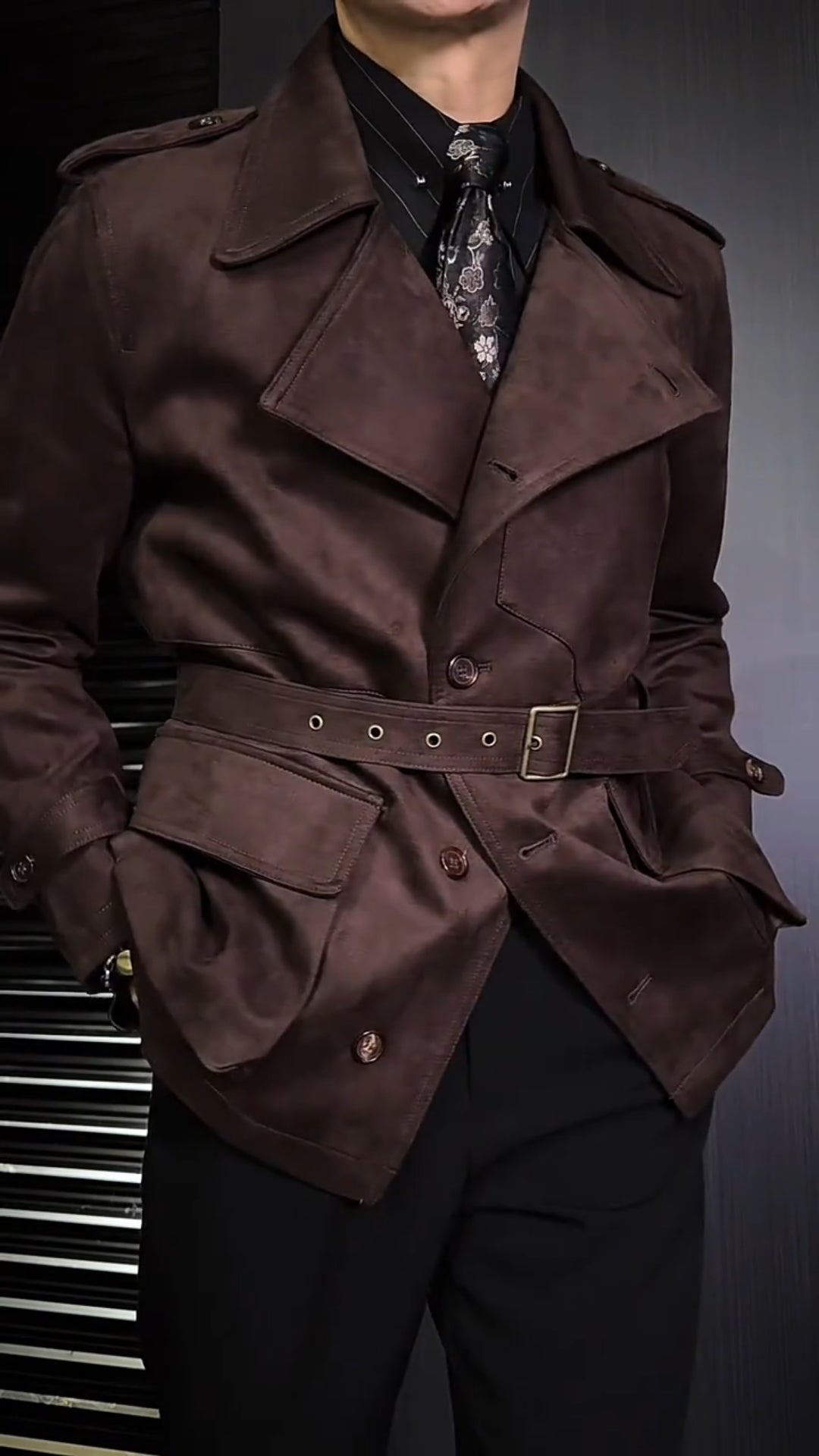 Men’s Lapel Suede Leather Jacket with Belt