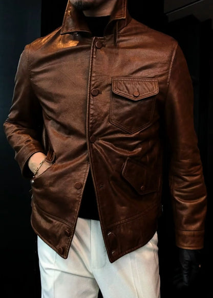 Men’s Textured Stand-Up Collar Three-Pocket Genuine Leather Jacket