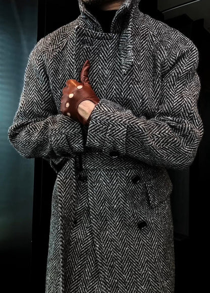 Men’s Mid-Length Wool Plaid Double-Breasted Quilted Coat for Autumn & Winter