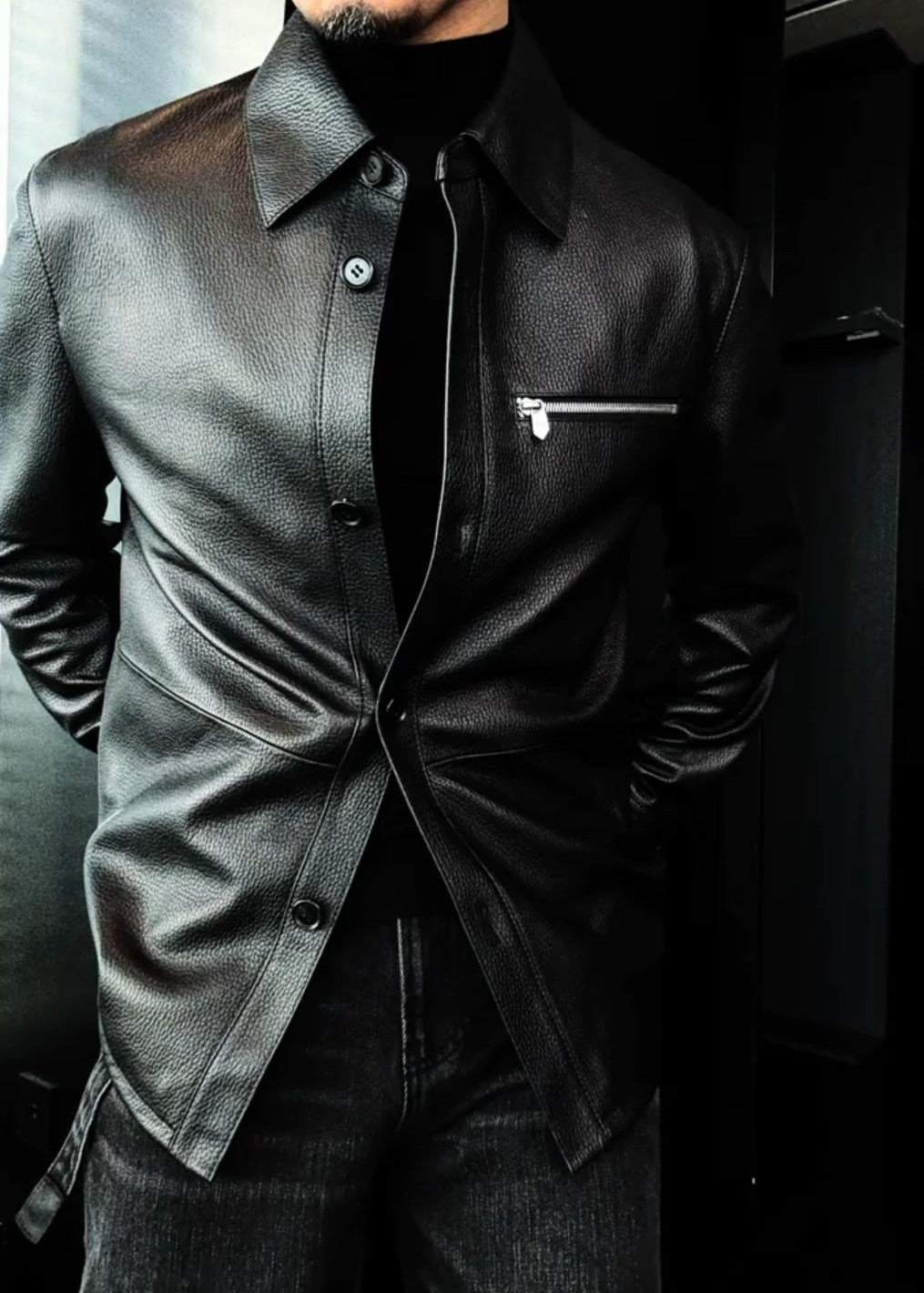 Men’s Zipper-Pocket Premium Lychee-Grain Leather Jacket