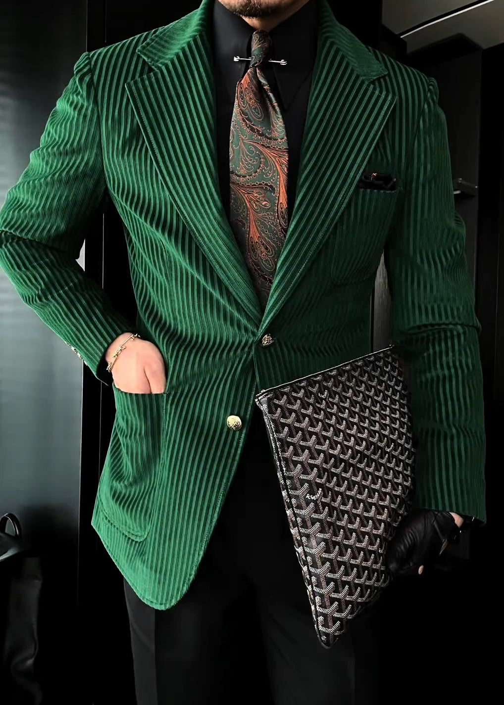 Men’s Moss Green Striped Suede Suit Jacket