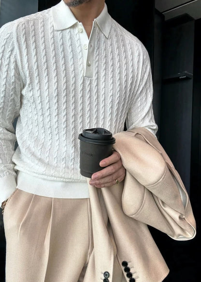 Men’s Lapel Regular-Shoulder Long-Sleeve Polo Knit Shirt