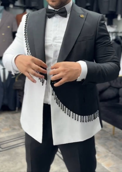 French-Style Designer-Inspired Color-Block Fringe Blazer