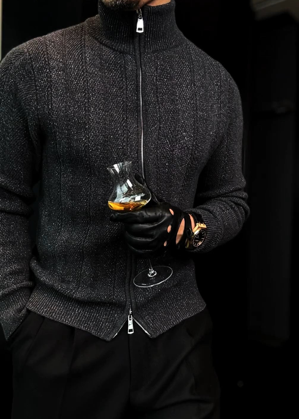 Men's Turtleneck Shimmery Fine-Knit Sweater Jacket