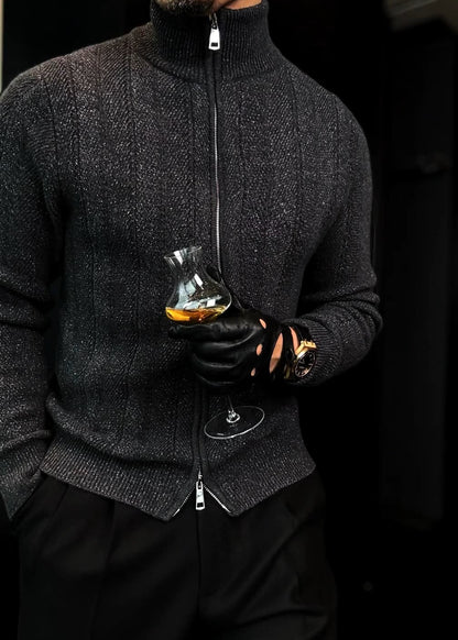 Men's Turtleneck Shimmery Fine-Knit Sweater Jacket