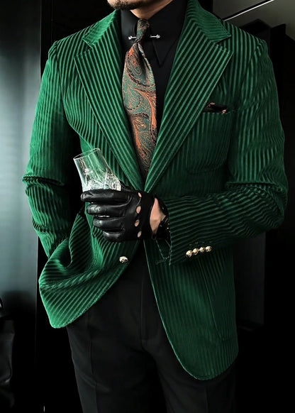 Men’s Moss Green Striped Suede Suit Jacket