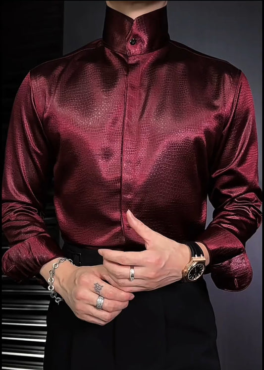 Men’s Textured Stand-Collar Long-Sleeve Shirt