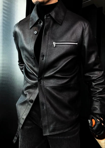 Men’s Zipper-Pocket Premium Lychee-Grain Leather Jacket