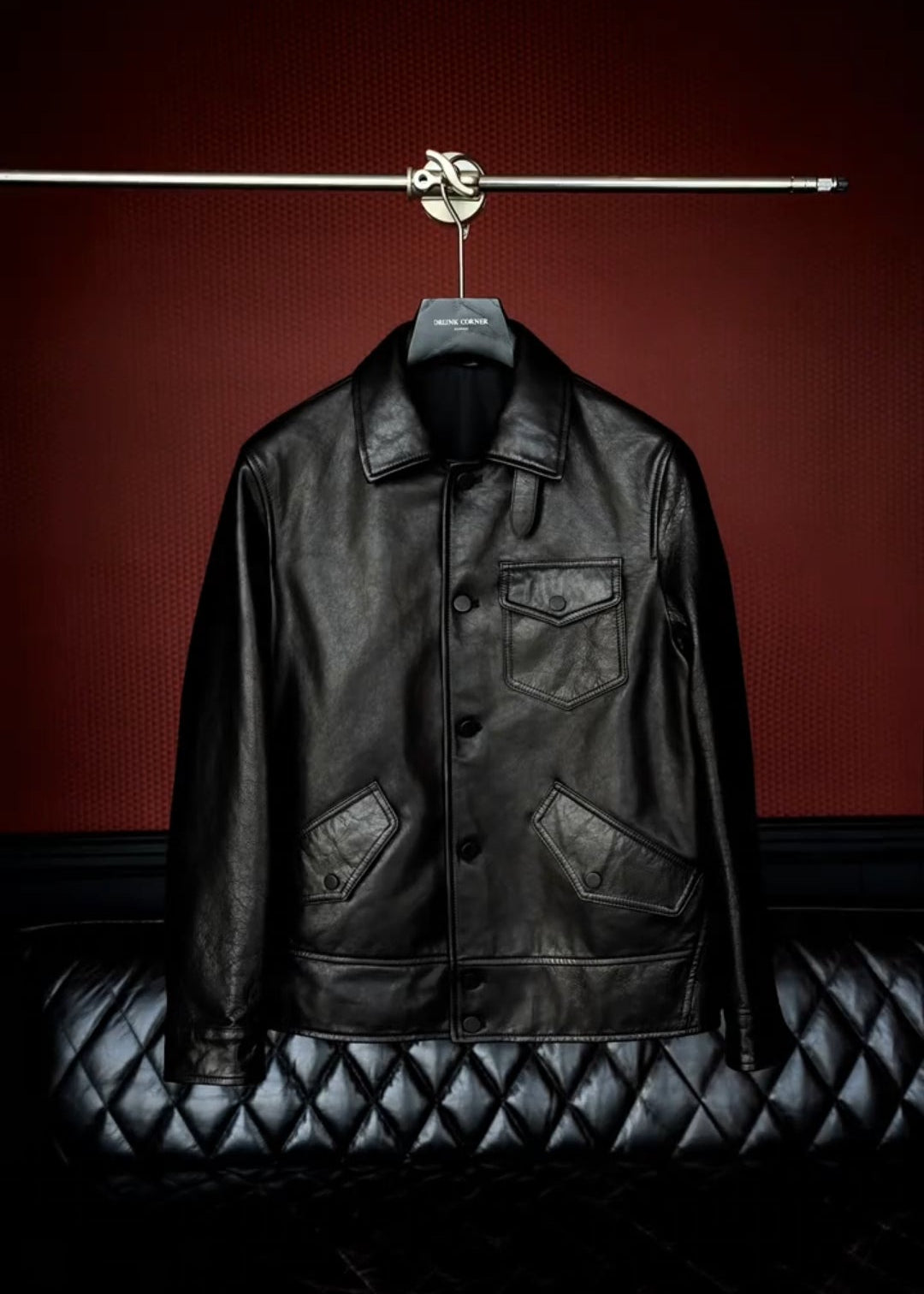 Men’s Textured Stand-Up Collar Three-Pocket Genuine Leather Jacket