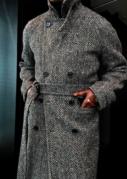 Men’s Mid-Length Wool Plaid Double-Breasted Quilted Coat for Autumn & Winter