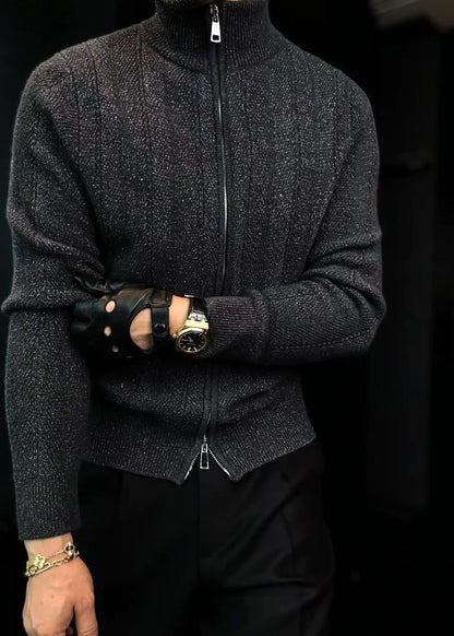 Men's Turtleneck Shimmery Fine-Knit Sweater Jacket