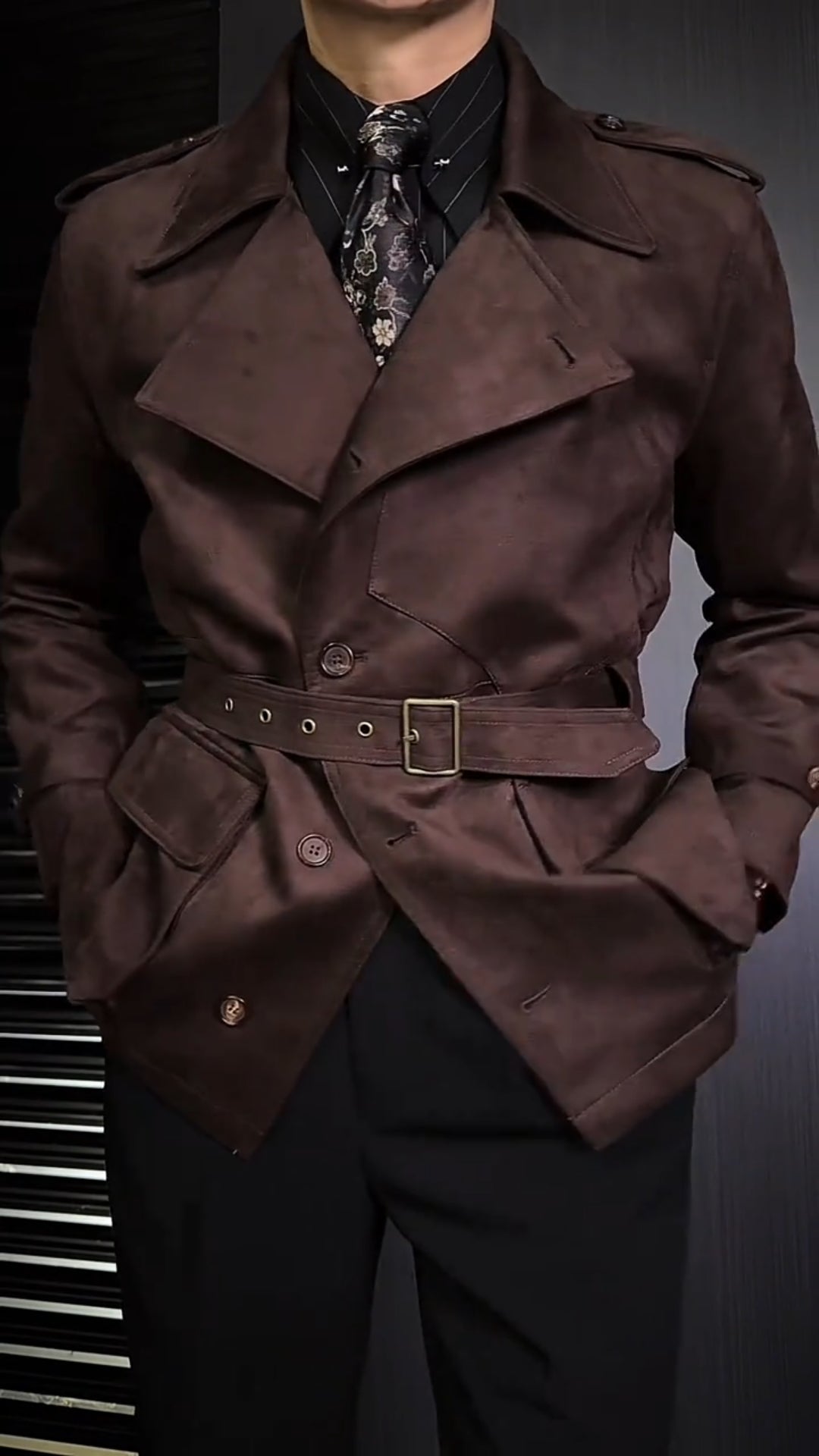 Men’s Lapel Suede Leather Jacket with Belt